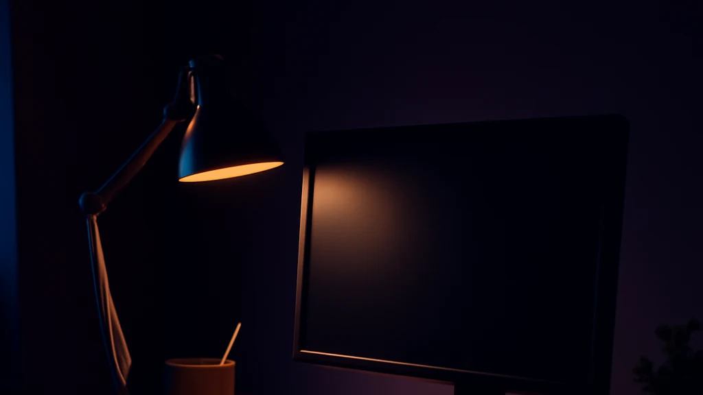 Bureau en bois clair près d'une fenêtre, avec une lampe articulée allumée, un écran sur un support discret, un carnet ouvert et une plante en pot